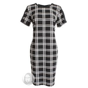 Karl Lagerfeld Dress Jagged Plaid Knit Tweed Sheath Dress In Black Soft White 12
